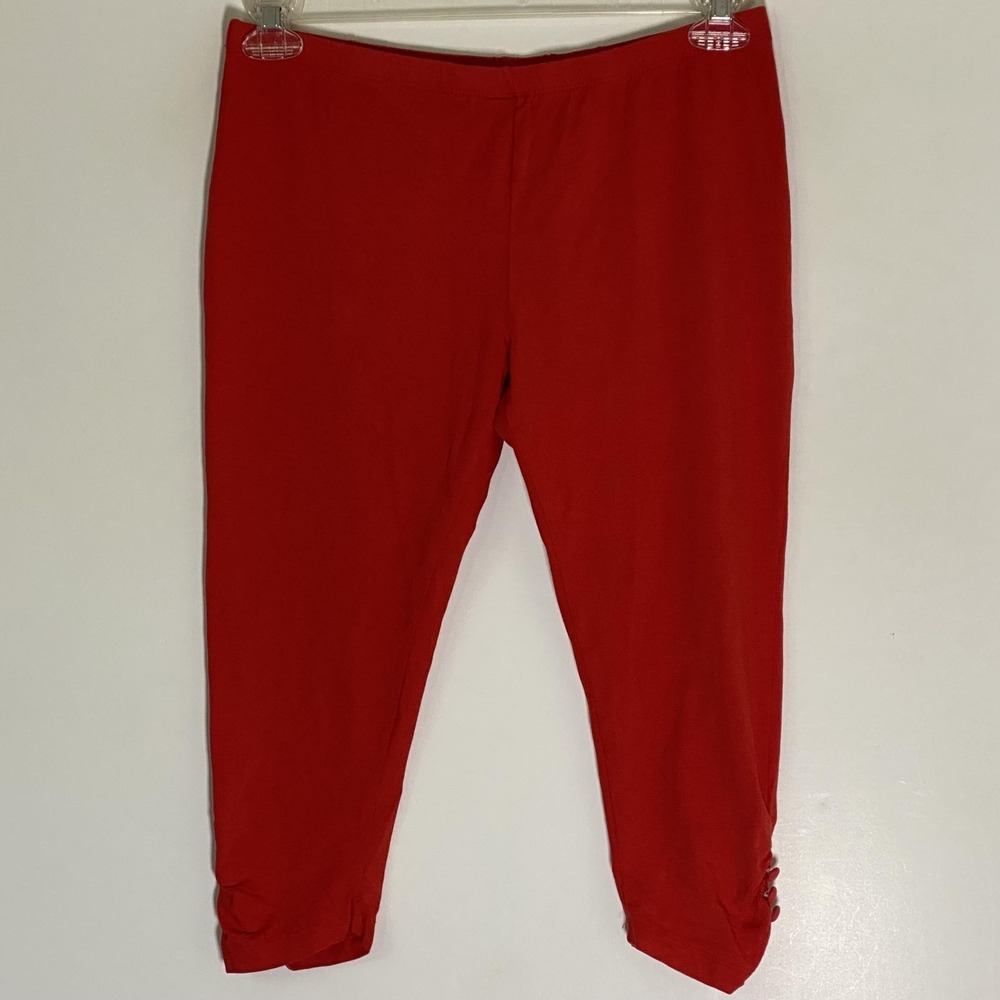 WD-NY Leggings Womens Medium Red Capri Jersey Button Hem Elastic Waist Stretch